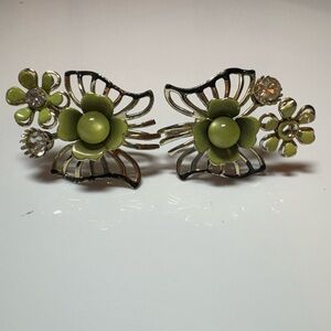 Vintage Butterfly Screw Back Line Green and Silver Floral Earrings